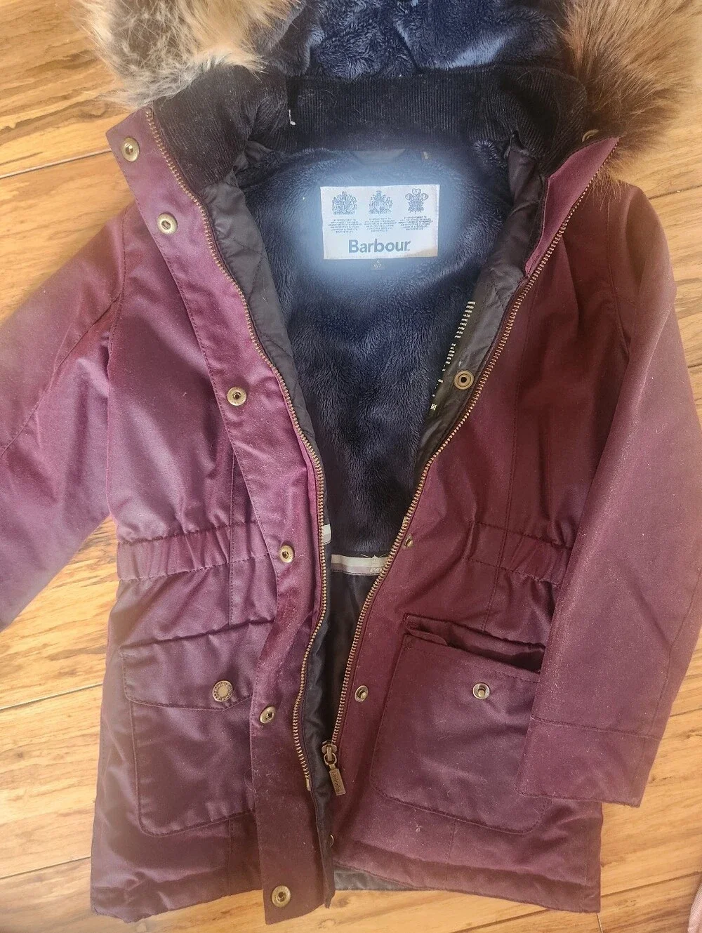 Barbour Girls Cassley Waxed Jacket Burgundy Merlot Parka Hood Sz 6/7 [Small]